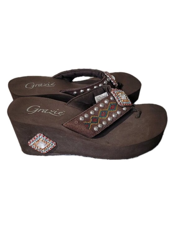 Grazie Shoes - Grazie Sandals Womens Size 7.5 Brown Rhinestone Platform Wedge Thong Flipflop